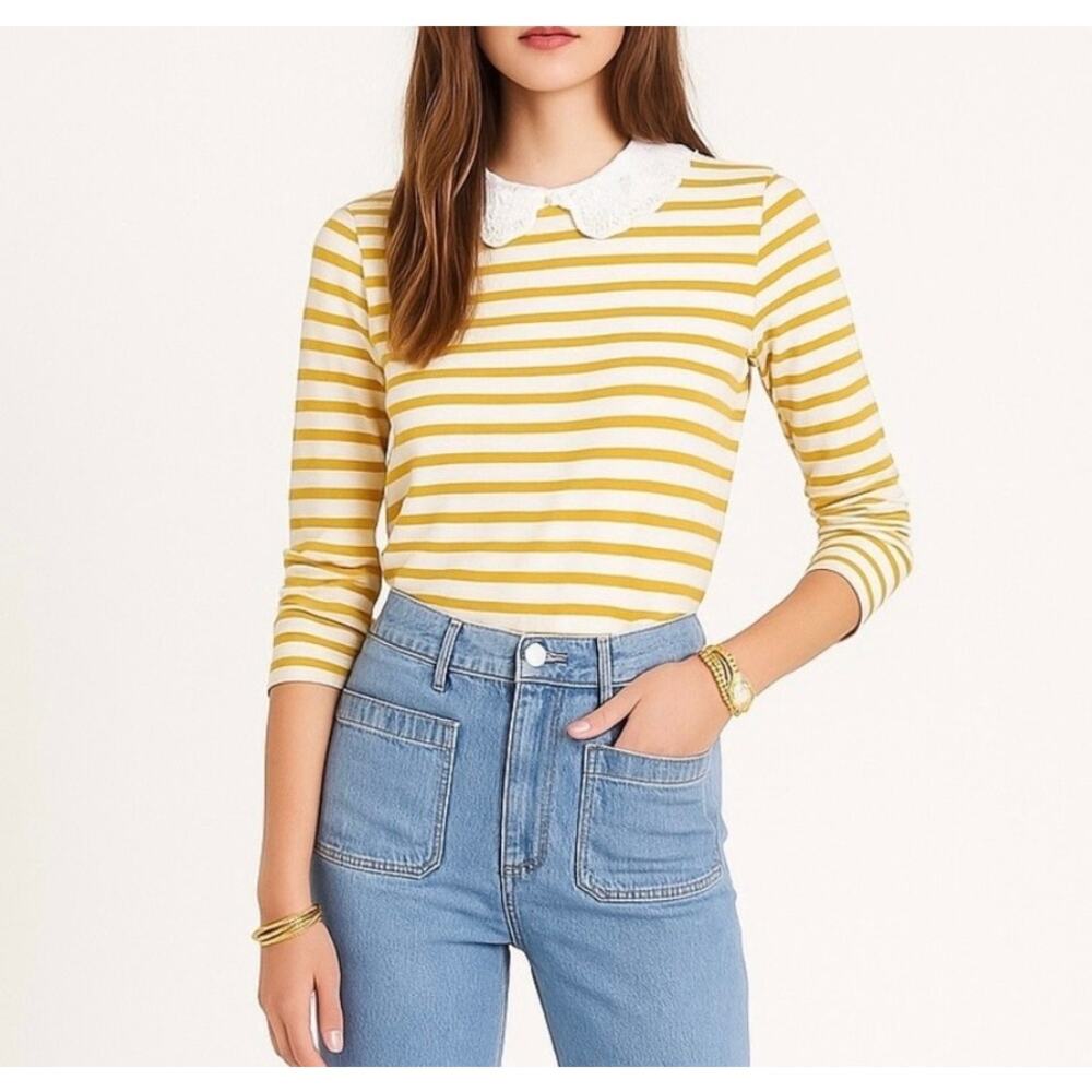 Boden top Kathleen Yellow white stripped eyelet‎ Peter Pan collar knit Top shirt